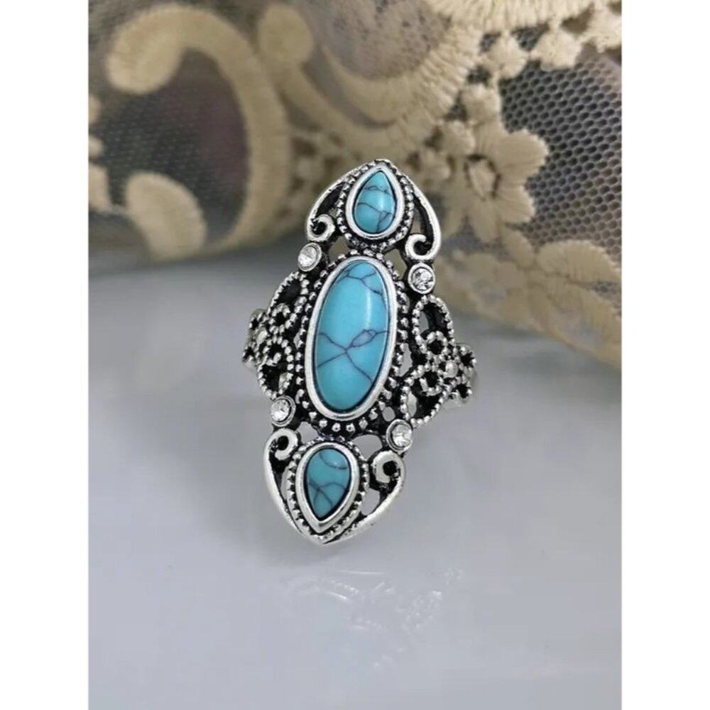 Boho Vintage Style Turquoise Stone Carved Fashion Ring Size 8 Silver Blue A0135 - Picture 6 of 15